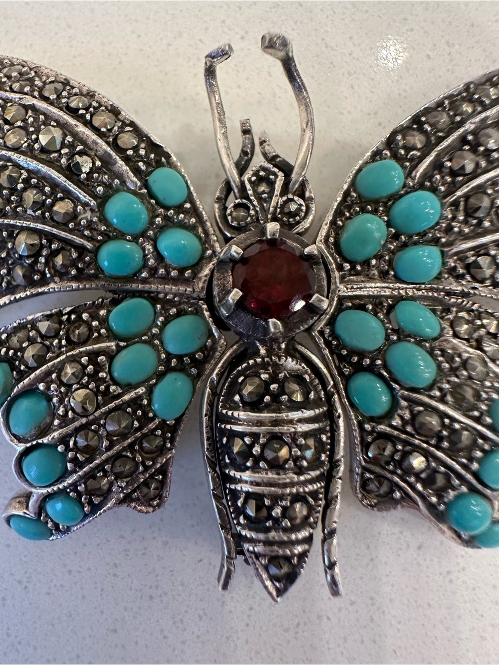 Vintage Sterling Silver Turquoise and Marcasite Butterfly Hinged Brooch/pendant - Picture 4 of 9